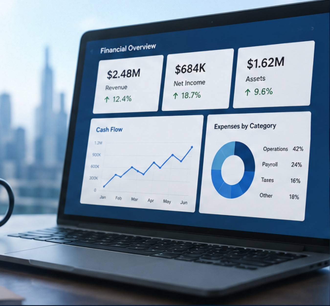 Financial reporting dashboard on a laptop in a modern office