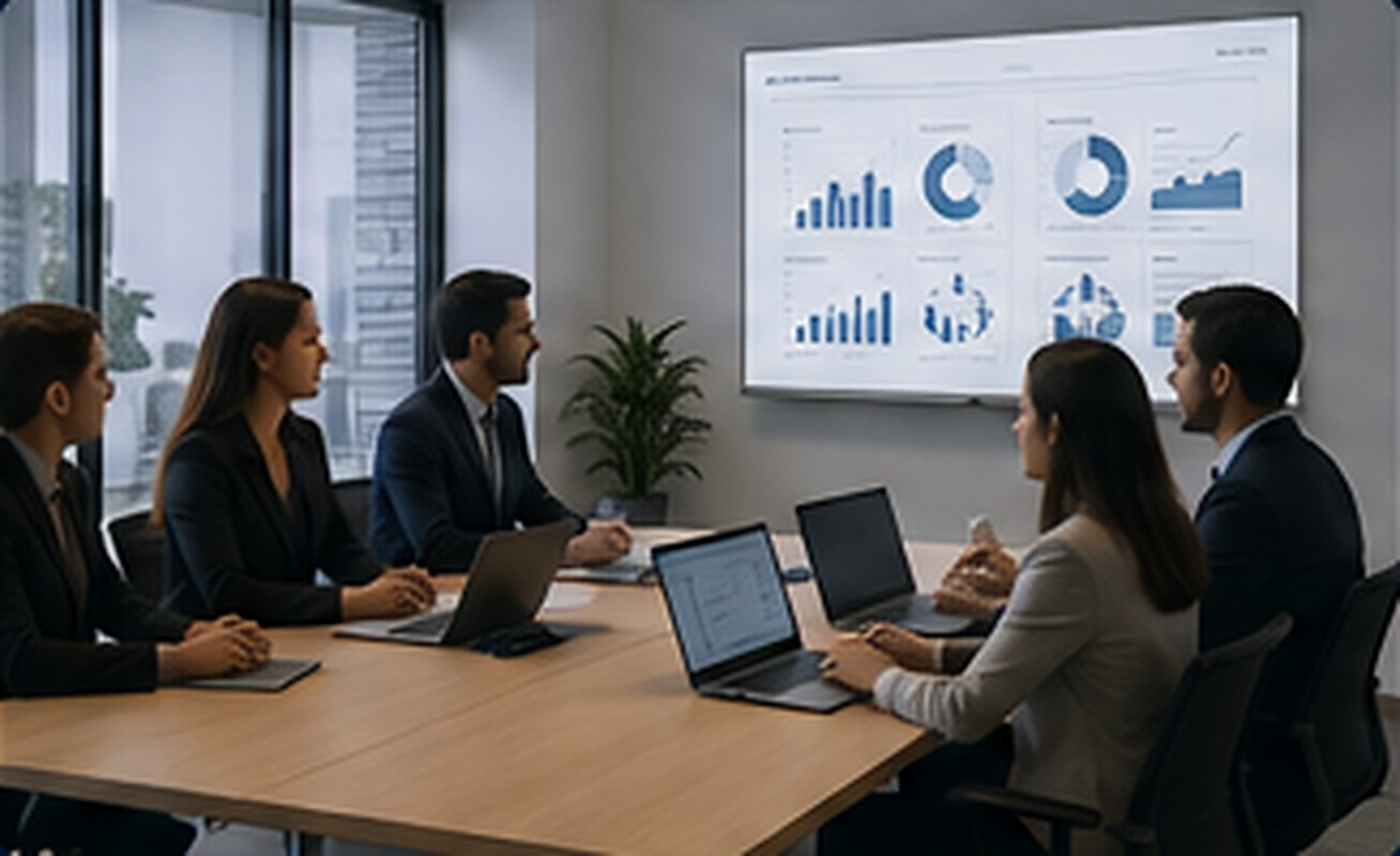 Business team and client in a conference room celebrating a new partnership